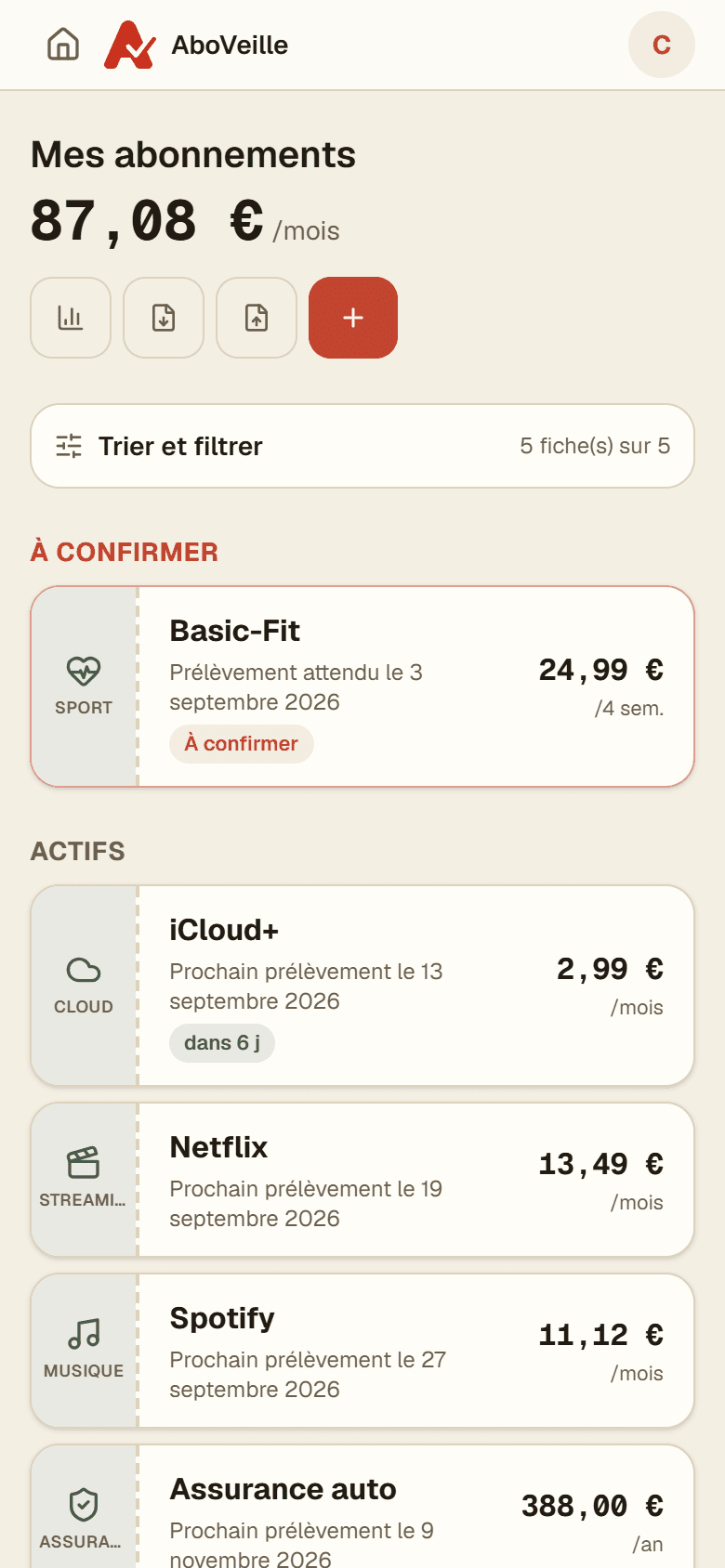 Le tableau de bord d'AboVeille — capture réelle de l'application, données fictives de démonstration