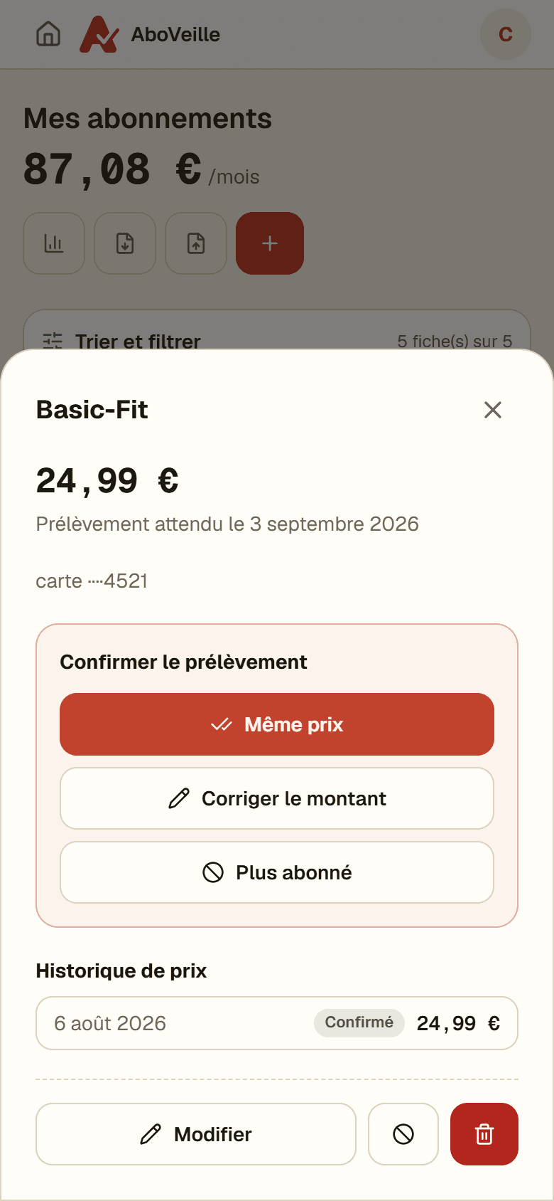 La confirmation d'un prélèvement dans AboVeille — capture réelle de l'application, données fictives de démonstration